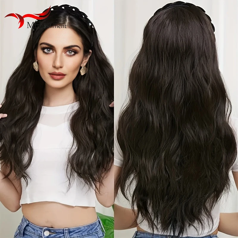 

Wig Piece Women's Long Pearl Hair Band Wig Set, Imitating Whole Person Hair With Large Wavy Wig Brown Color Scarf Wig For Women