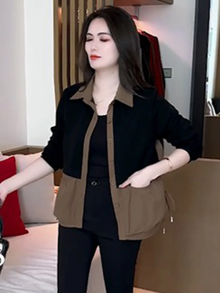 

Faionable ort Outerwear 2024 Autumn New Sle Casual Versatile Slimming Coat Button Splice Design Flip Collar Long Sve