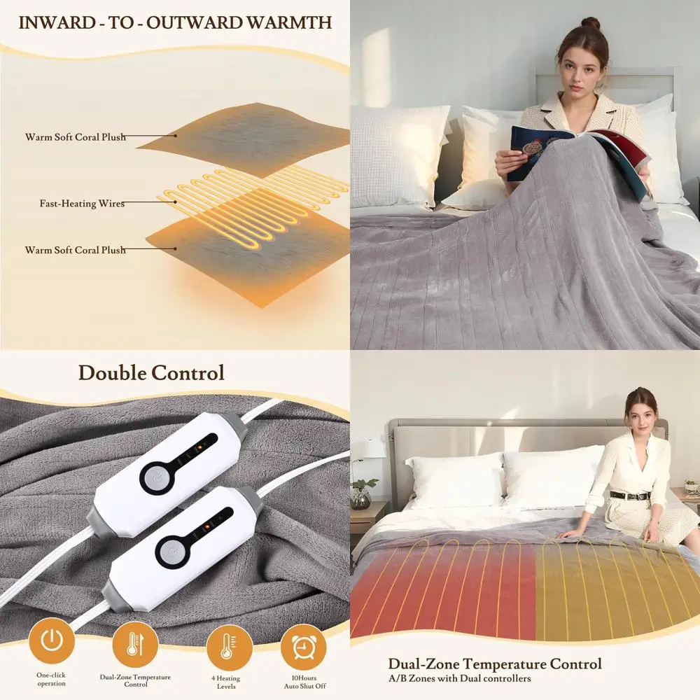 

Электрическое одеяло размера Queen (84x90), 4 режима нагрева, двойное управление, автоматическое отключение, мягкий коралловый флис, защита от перегрева, светло-серое