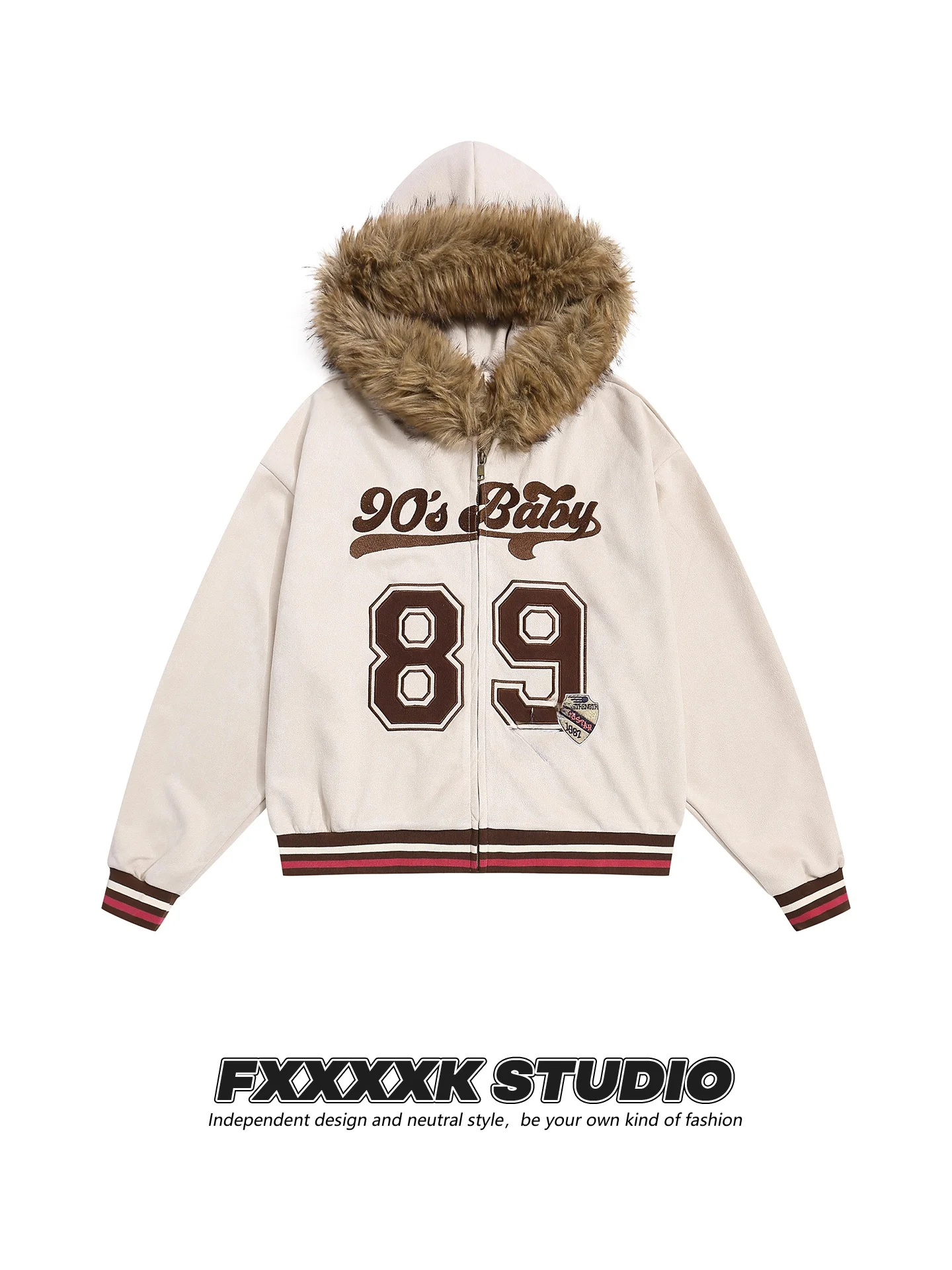 

FXK Original Retro American Trendy Brand Patchwork Embroidery Numeric Letter Large Fur Collar Mountain Eagle Hoodie Jacket