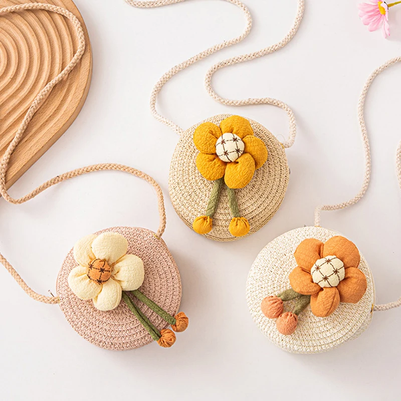 Bolso de paja para niños y niñas, bolsa de mensajero tejida a mano con flores bonitas, cesta de almacenamiento, bolso cruzado, regalo de verano