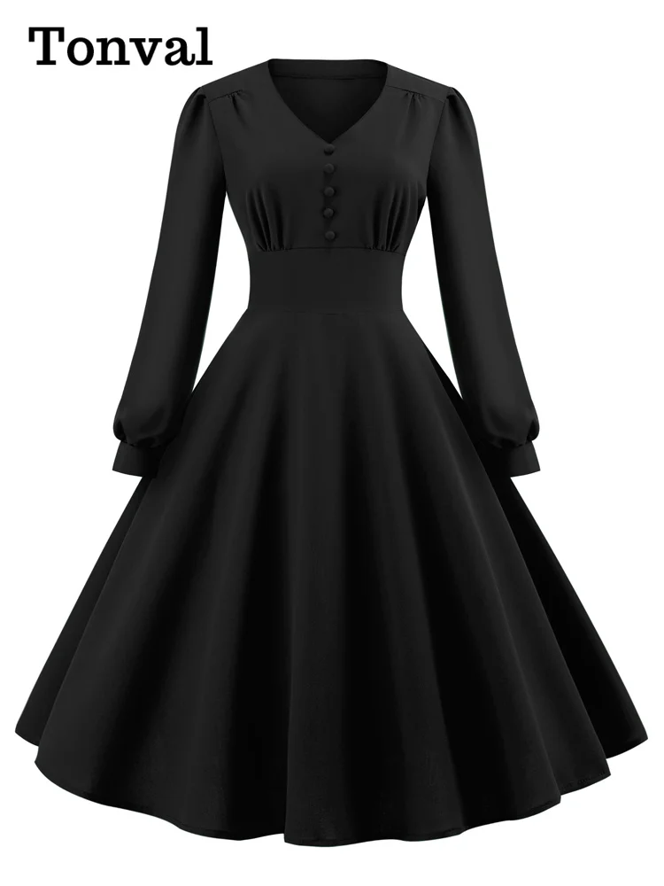 Tonval V-Neck Button Front High Waist Long Bishop Sleeve Women Elegant Autumn Clothes Green Solid Vintage Ladies Swing Dresses