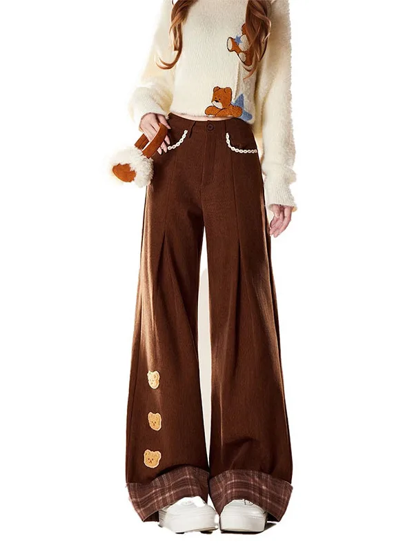 Pantalon large en velours côtelé Thiened Fce pour femmes, pantalon décontracté à taille haute avec fermeture à boutons, automne hiver, nouveau style