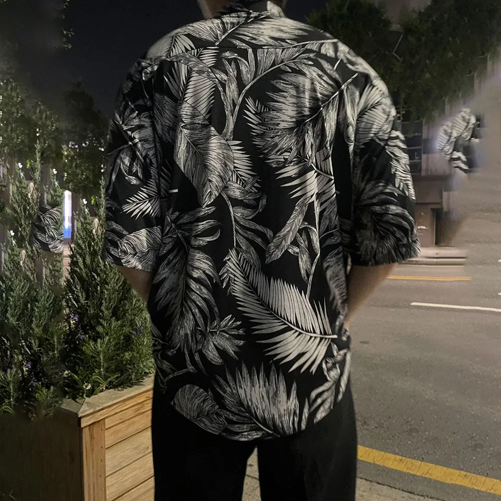 Y2k Mens Shirt Full Leaf Print Shirt Summer Japanese Street Wear Personality All-Match Youth Trend Thin Tops Men'S Clothing 2024