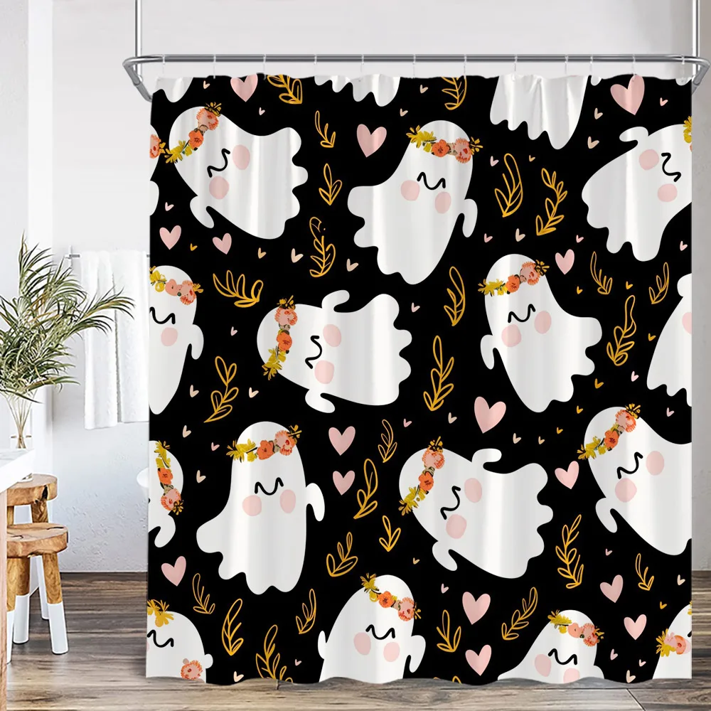 Cartoon Ghost Spooky Halloween Shower Curtain Apparition Pumpkin Happy Halloween Bathroom Decor Kid Child Polyester Bath Curtain