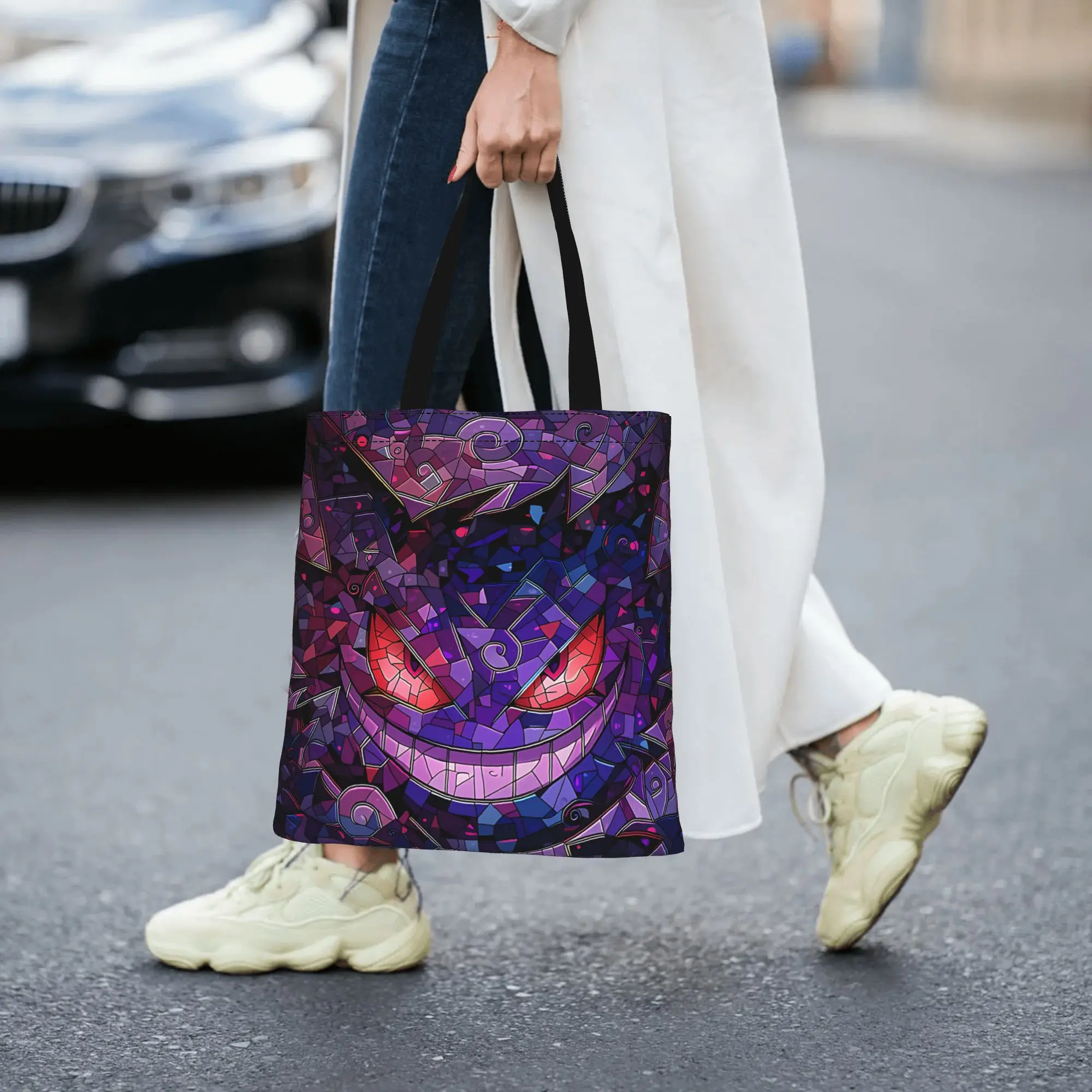Customized Pokemon Gengar Pumpkin Halloween Women's Bag Shopping Bag Reusable Double Sided Canvas Tote Bag Shoulder  Handbag