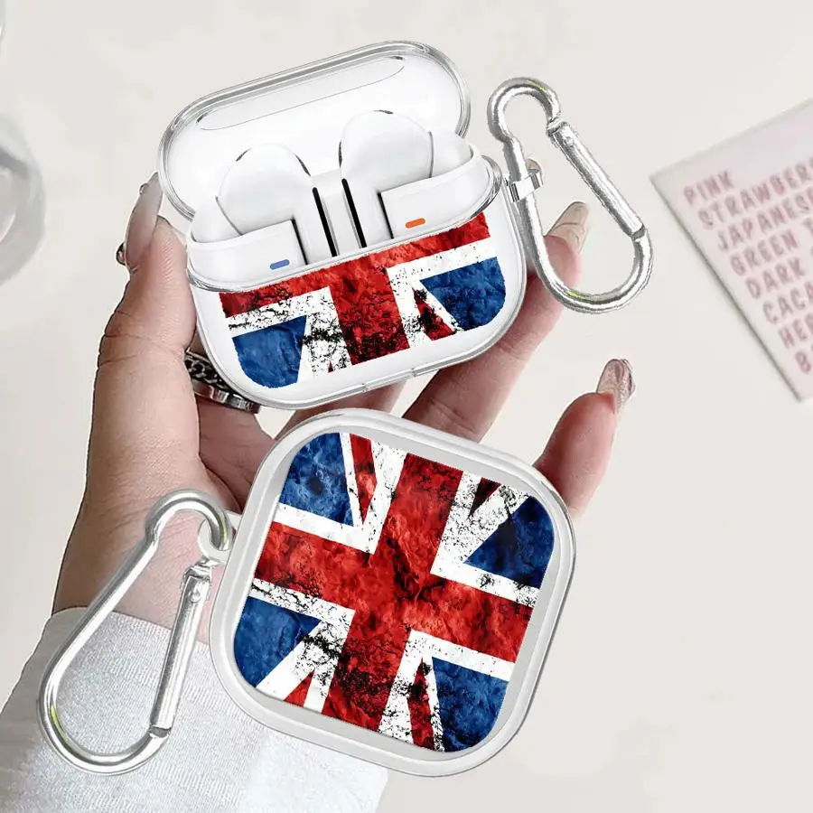 Flag Pattern Case For Samsung Galaxy Buds 4Pro 2 3 FE Live 4 Pro 2Pro 3Pro Clear Earphone Cases Cover With Hook
