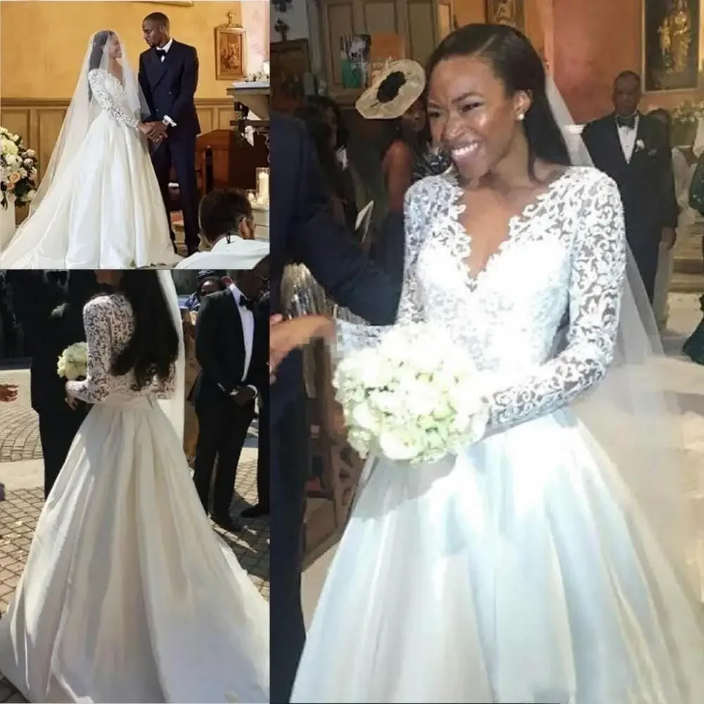 Customized Wedding Dresses African Arabic Formal A-Line V-Neck Custom Made Bridal Long Sleeves Gown