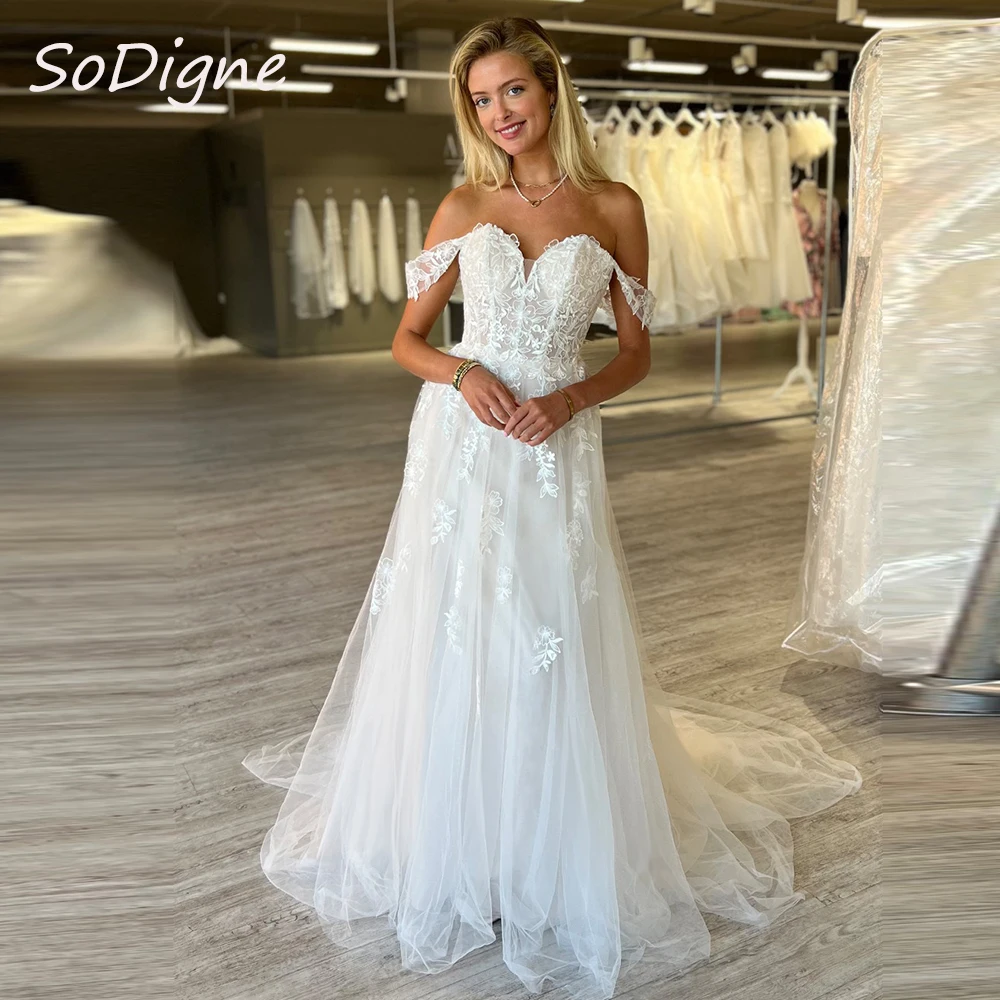 

SoDigne Long Tulle Wedding Dresses Off Shoulder Sweetheart Lace Appliques A-line Bridal Dress Bride Gown vestidos de novia ﻿