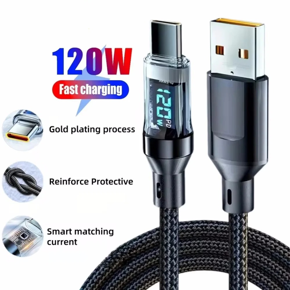 120W Type C to Type C Cable Phone Super Fast Charging Cable With LED Display USB To Type-C Data Cord For huawei oppo vivo