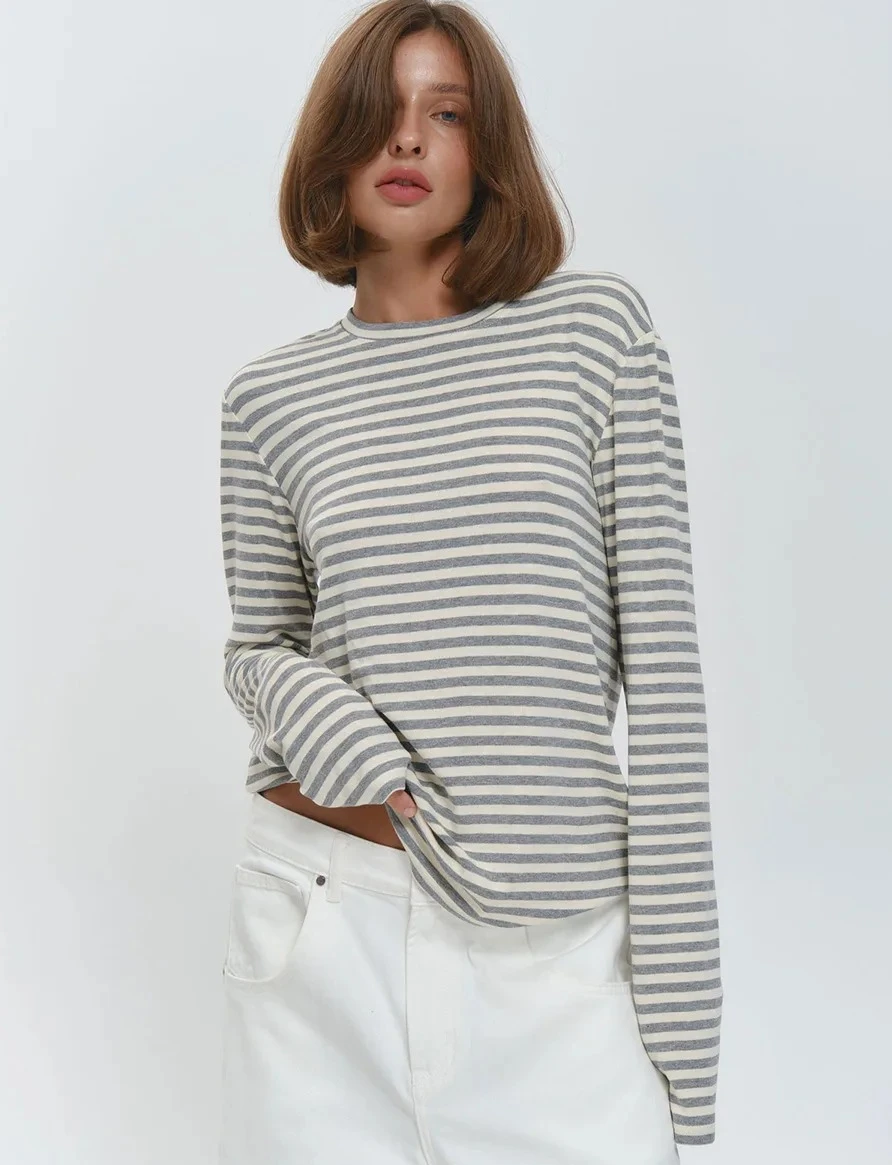 

Осенняя новая модная женская хлопковая полосатая футболка с длинным рукавом, офисные повседневные простые пуловеры с круглым вырезом, топы и футболки