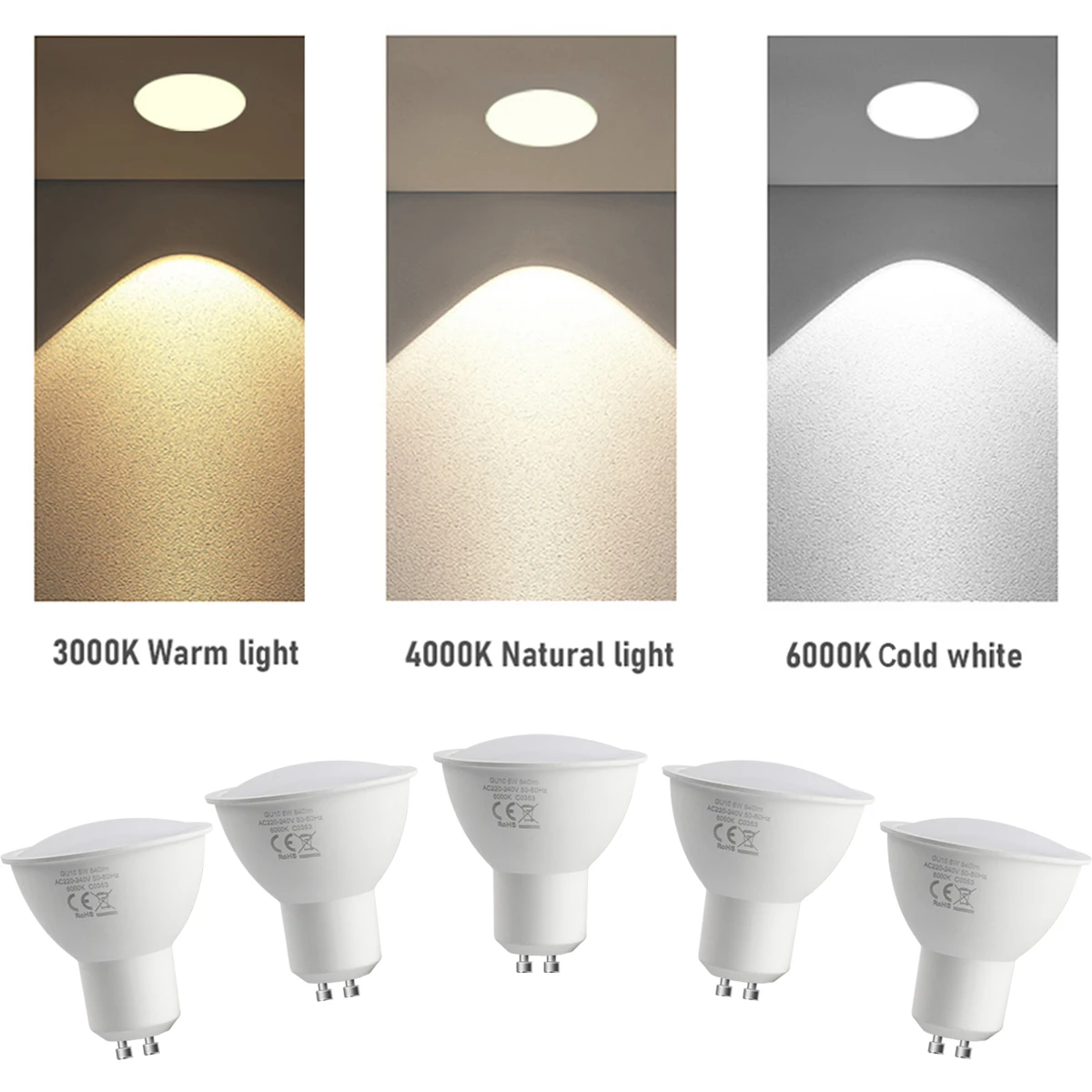 LED GU10 스포트 라이트, AC220V AC100-240V 깜박임 없음, 따뜻한 백색광, 교체 가능 할로겐 램프, 3W, 5W, 6W, 7W, 8W, 20W, 30W, 50W, 8 개