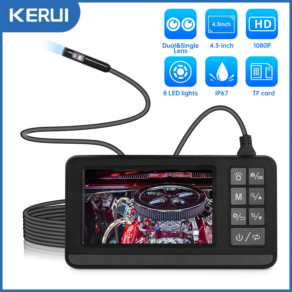 

KERUI 1080P Single Dual Lens Industrial Endoscope 4.3 inch Screen Digital IP67 Waterproof Borescope Inspection Camera 1/3/5/10M