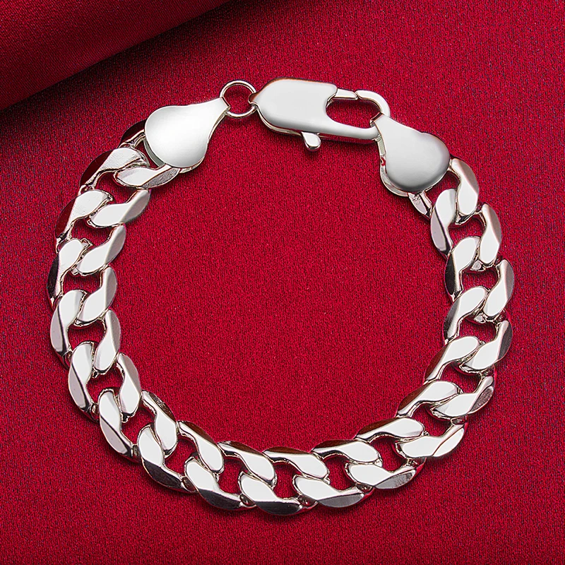 SHSTONE-Pulseras cubanas de Plata de Ley 925 para hombre y mujer, cadena de 12mm, accesorios de boda, regalo de fiesta de cumpleaños, joyería de moda