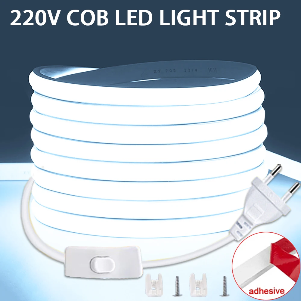 COB LED Strip 220V Switch ON/OFF with EU Plug 220V LED Strip Lights Waterproof Flexible Lamp Tape for Kitchen Home Room Decor