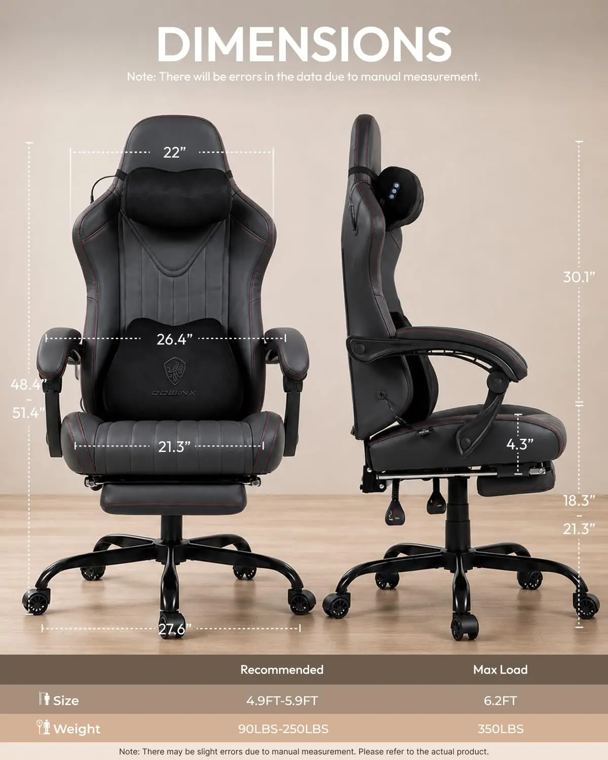 Ergonomic Gaming Chair with Massager Shiatsu Neck & Lumbar Pillow Pocket Spring 90-145°Recline Home Office, Customized