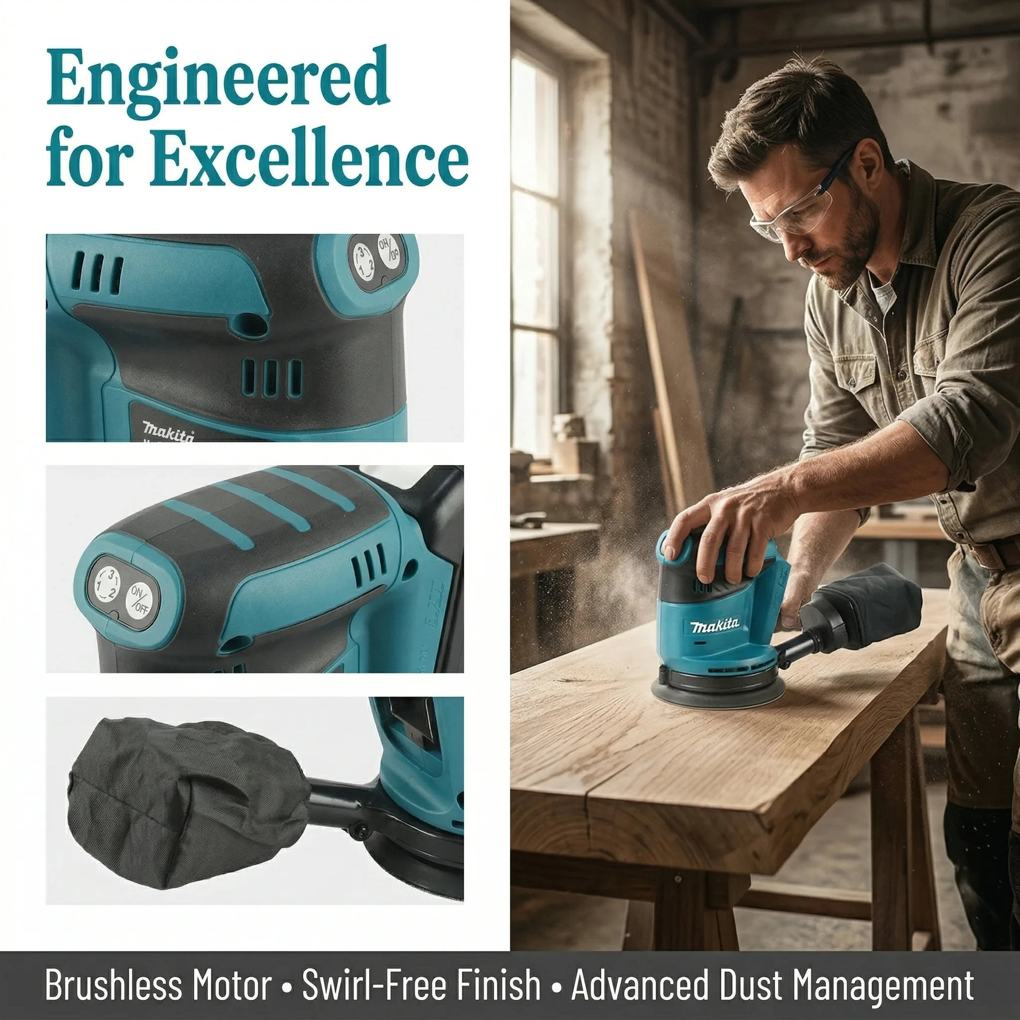 Makita DBO180Z 18V Brushless Cordless Random Orbital Sander  3 Speed 7000-11000 OPM with Dust Bag for Wood