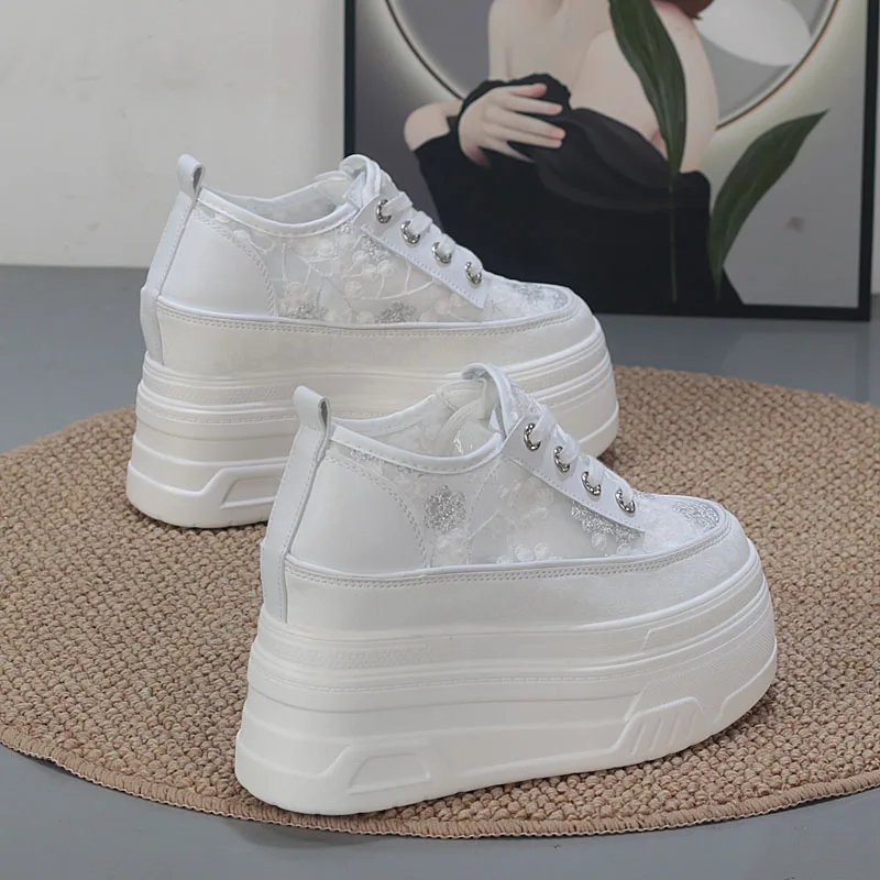 شبكة تنفس سميكة وحيد منصة حذاء أبيض الترا عالية الكعب 12 سنتيمتر الارتفاع زيادة 10 سنتيمتر للنساء قصيرة الدانتيل شبكة أحذية رياضية #4