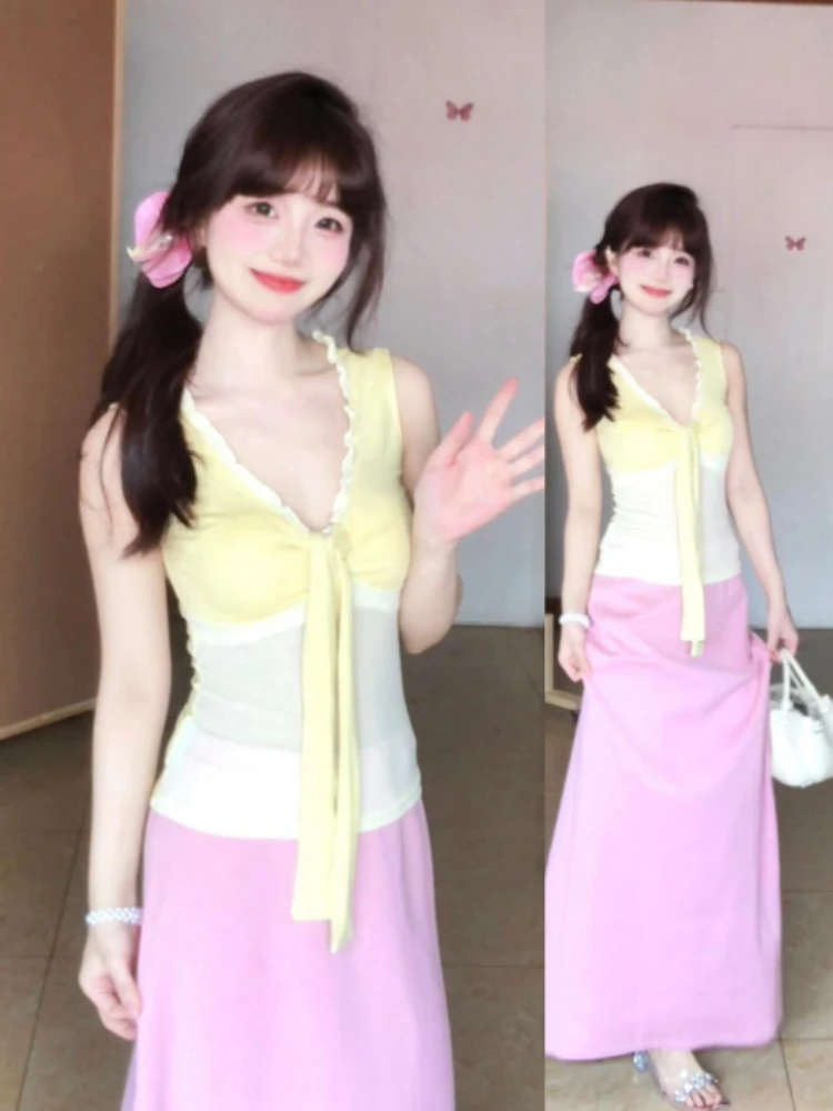 

Korean Sweet Sle Women's High Waist Slimming Skirt And V-Ne Sa Bridesmaid Dres Faionable Two-Piece Set Summer 2025