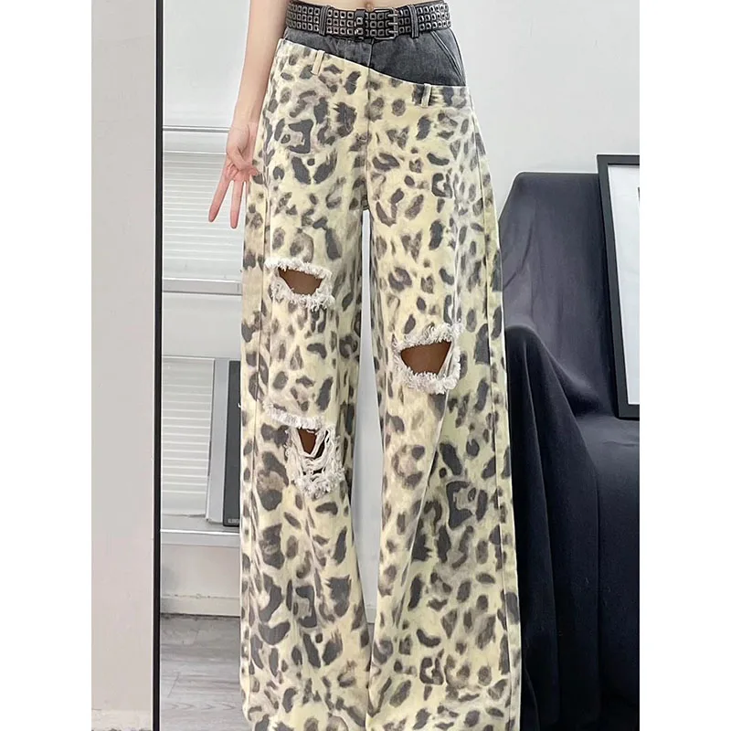 

Women's New American Leopard Print Holes Spring And Autumn New Retro Jeans Women's Loose Double Waist And Wide Legs Mop Pants