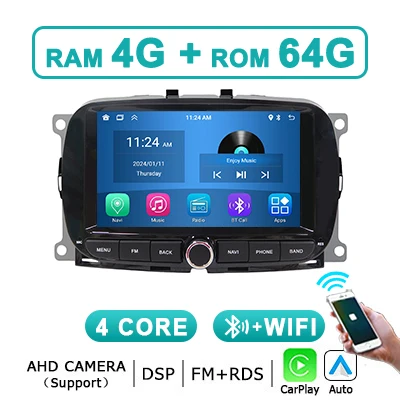 Android 15 Auto autoradio draadloze Carplay stereo voor Fiat 500 2016-2019 Bluetooth autoradio 2 DIN 7 inch scherm multimediaspeler - afbeelding 1