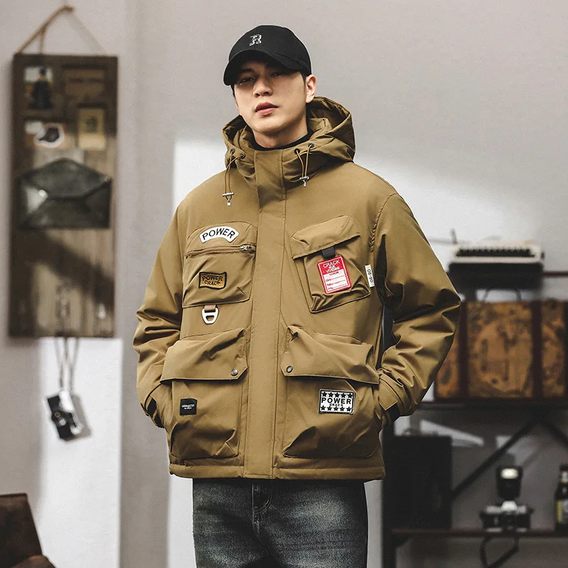 

Men's Winter Thiened down Jaet Workwear Hooded Multi-ket Functional Clothing Warm Outerwear Youth Loose Fit Long Sv...