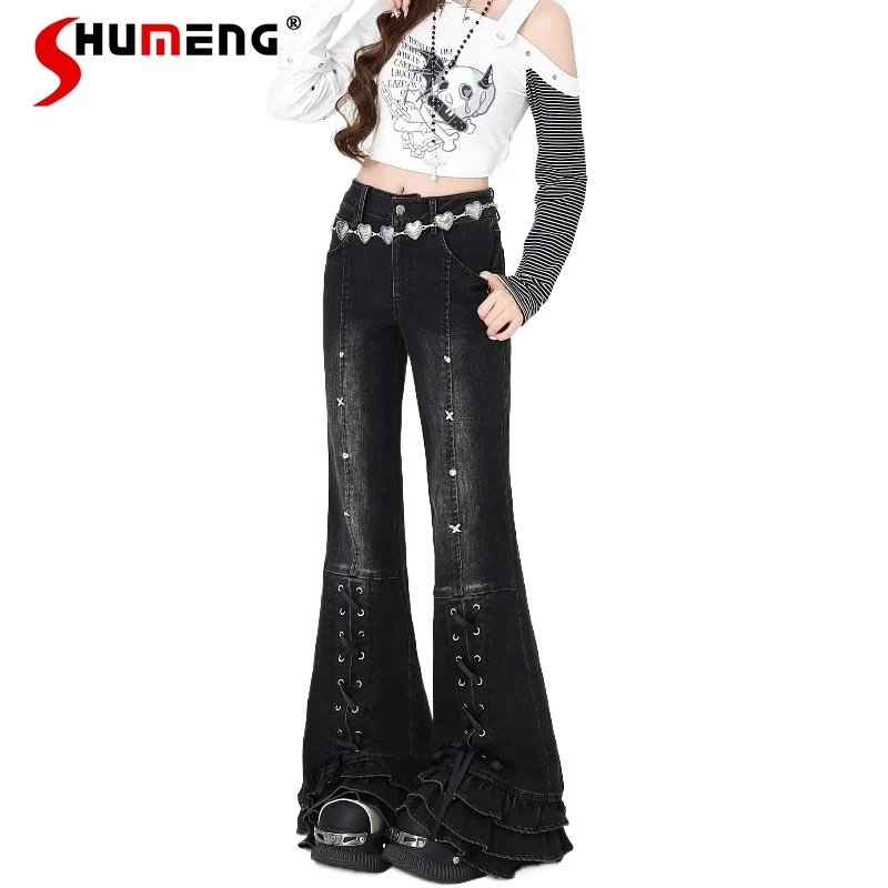 American Retro Style Slim Fit Lace Up Flared Denim Pants Women's Clothing High Waisted Jeans Black Color Long Zipper Trousers