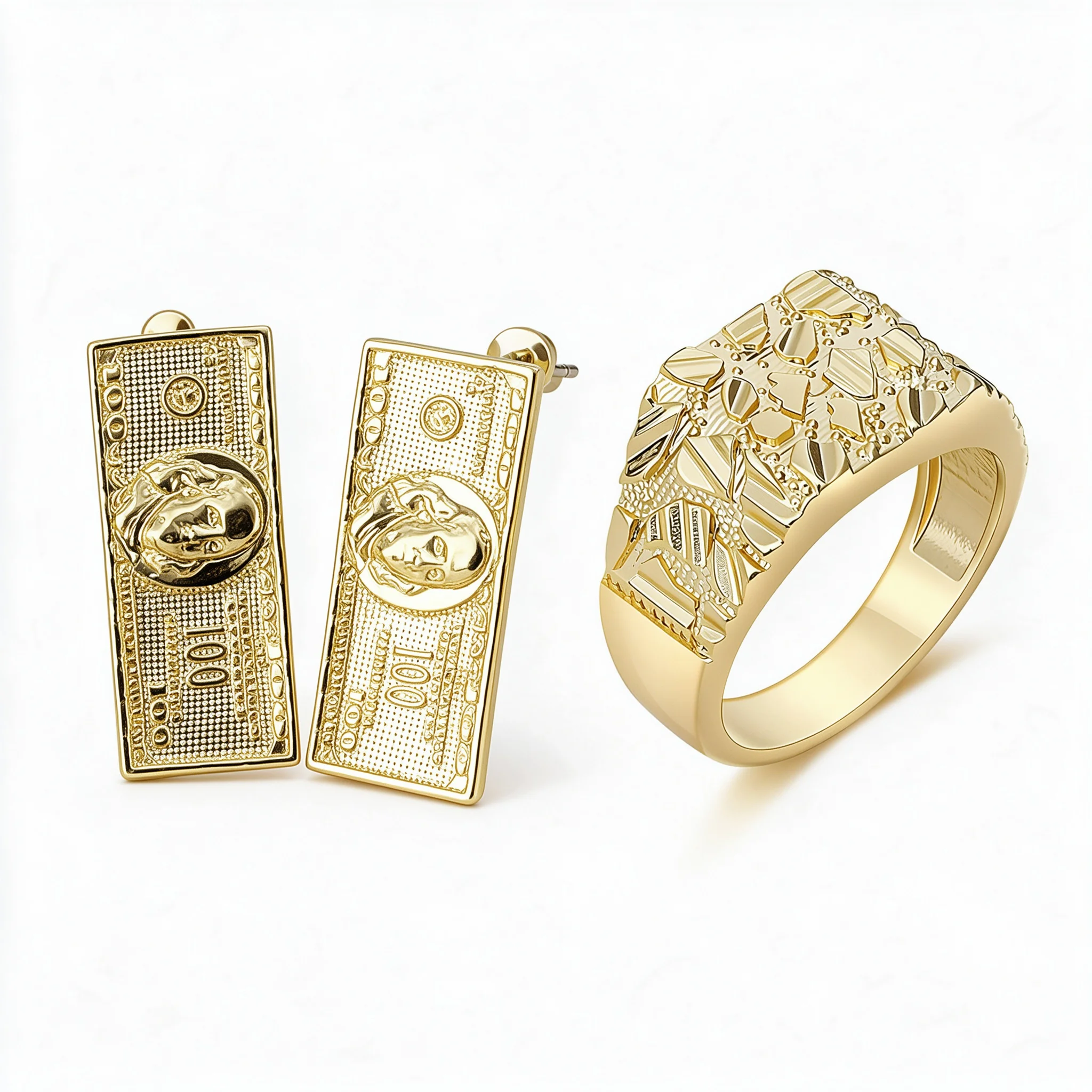 Unisex Hip Hop USD 100 Dollar Bill Money Sign Nugget Earrings And Ring Set 14K Gold Plated Textured Jewelry for Men And Women