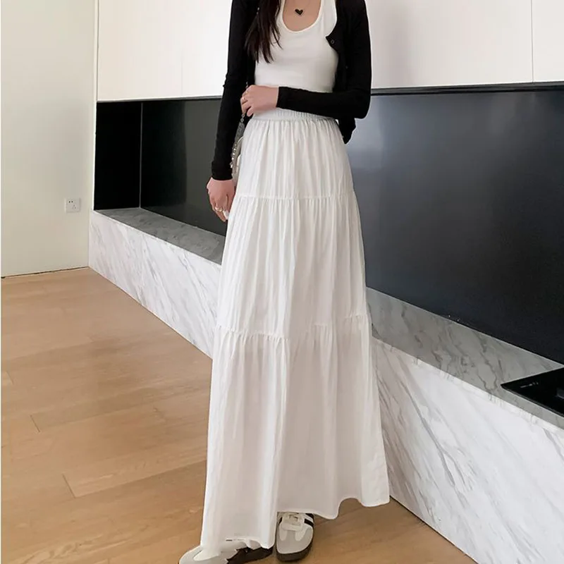 Lucyever Women Pink Pleated Skirts Korean Style High Waist Long Skirt Woman Solid Color Beach Vacation A-Line Skirt De Mujer