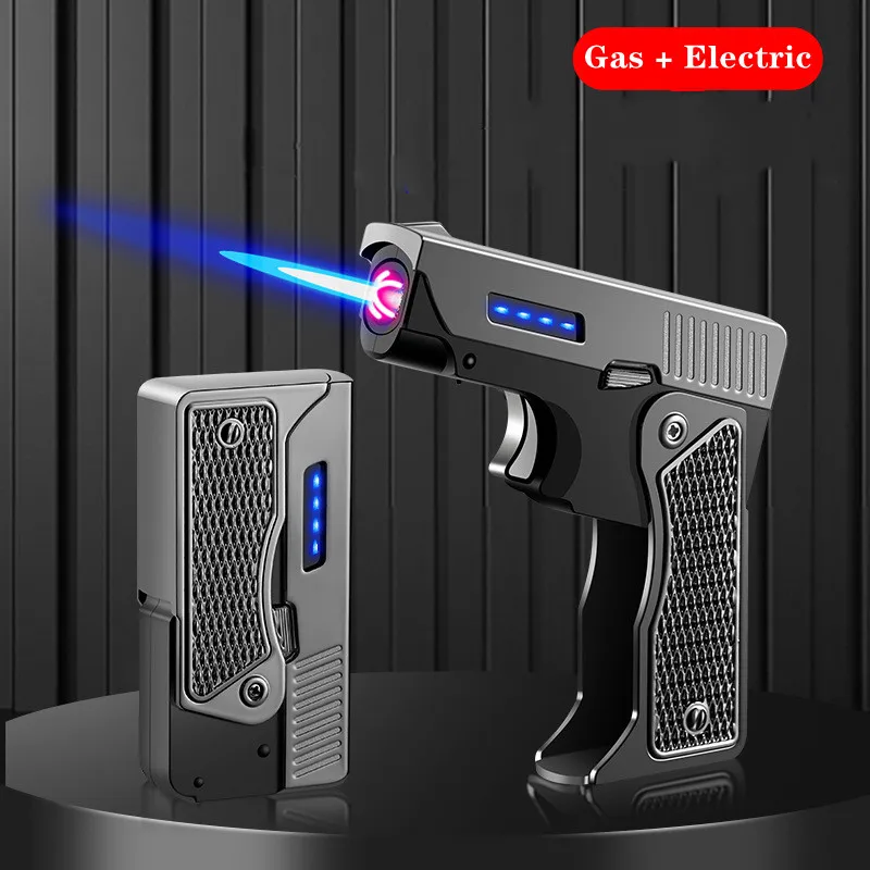 Folding Outdoor Windproof Metal Electric Gas Lighter Turbine Blue Flame Torch Jet Power Display Dual Arc USB Lighters Gun