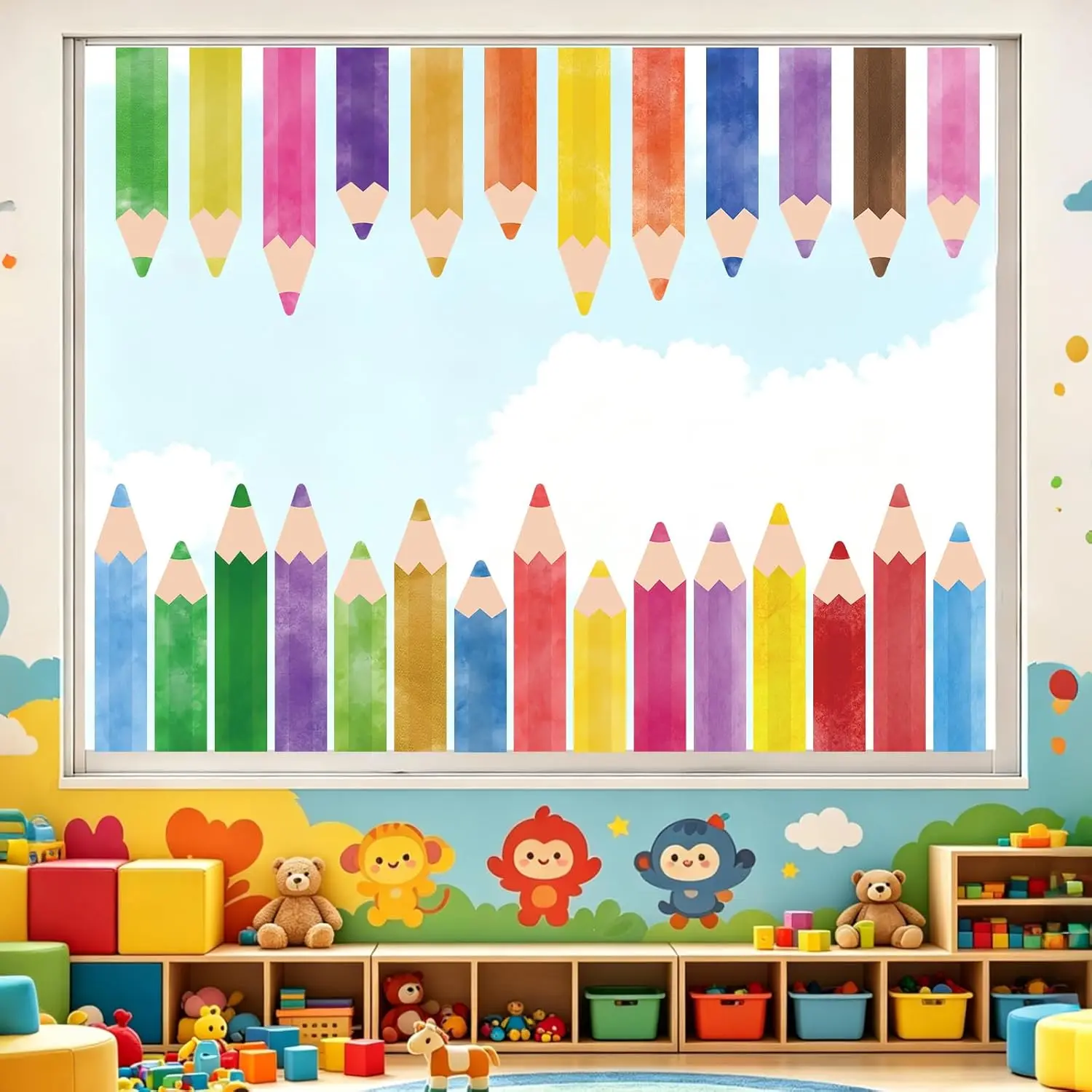 Farbige Bleistift-Fensteraufkleber für Glasfenster, Bleistift-Themen-Fensterdekorationen, Willkommens-Dekor für den Schulanfang im Klassenzimmer.