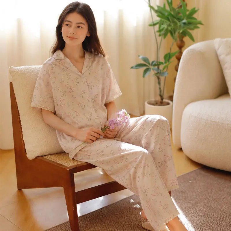 

Women's Silky Soft Breathable Lyocell Cotton Blend Floral Pajama Set, Lightweight Summer Short Sleeve Top & Long Pants Lace Trim
