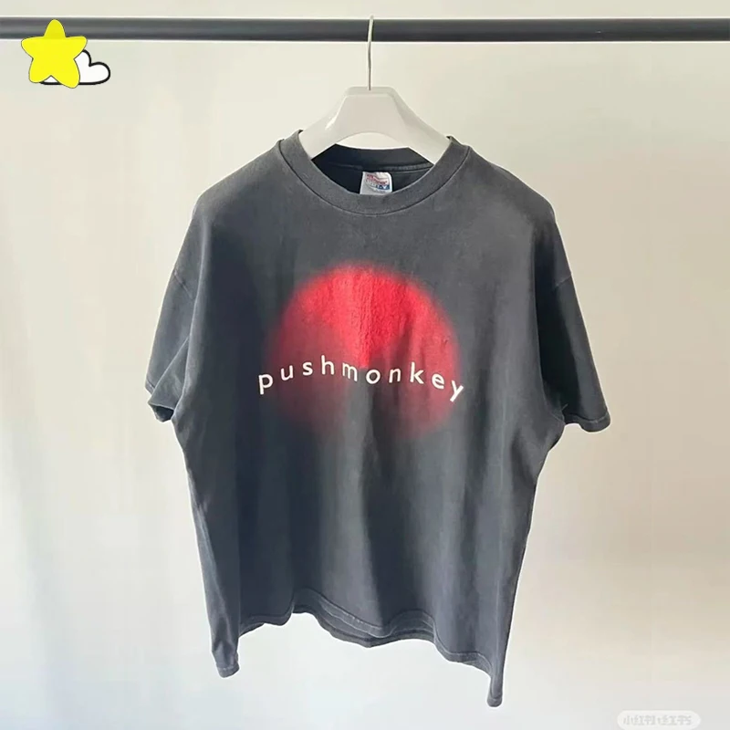 

Summer Streetwear Oversized Vintage Washed Black Saint T Shirt Men Women Casual Loose Red Sun Printing T-Shirt Tee Tops
