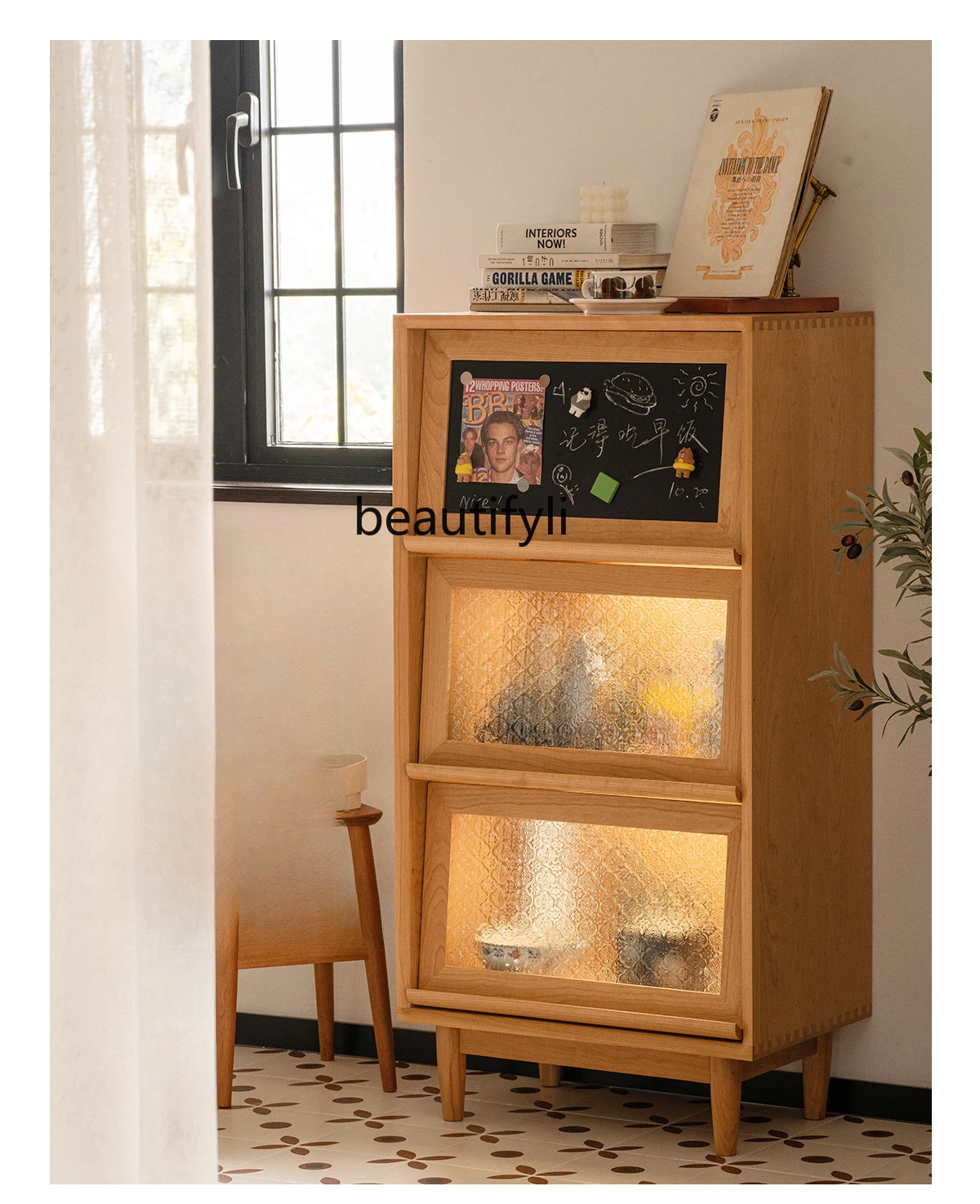 Solid Wood Bookcase Nordic Living Room Storage Cabinet Bedroom Multi-Functional Storage Cabinet Solid Wood Locker