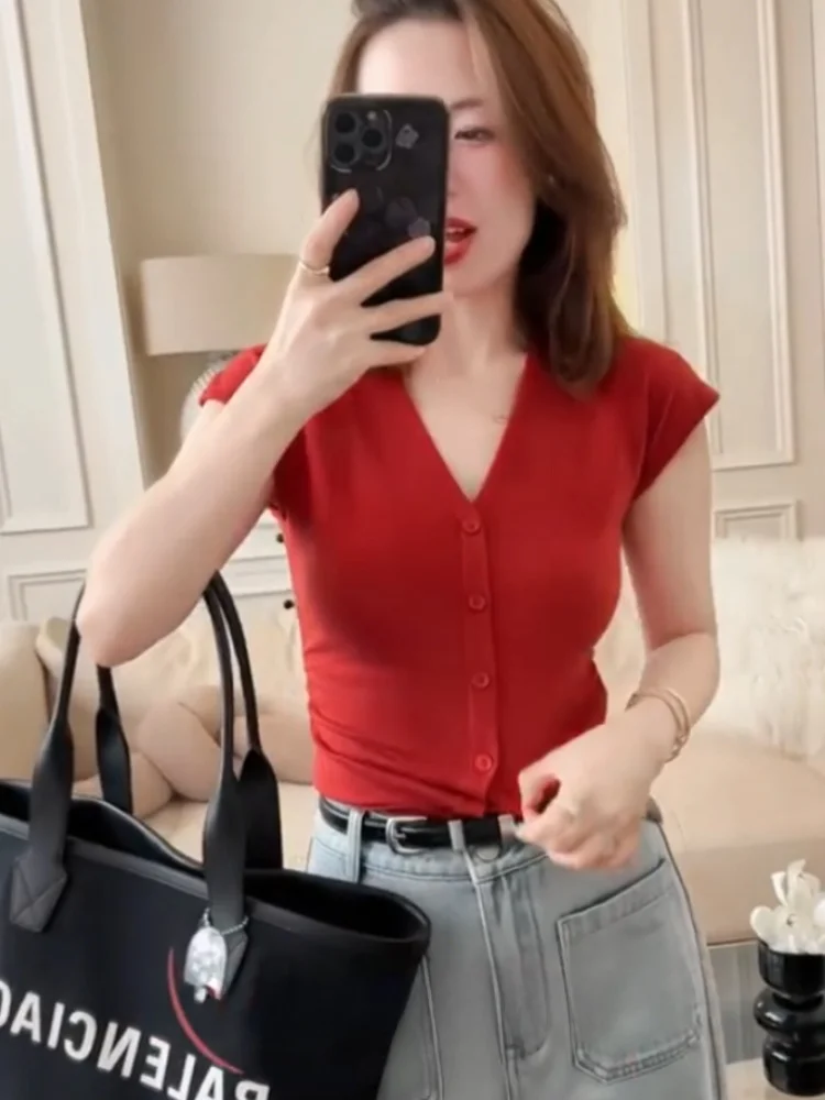 

Pure Color V-Ne Ice Silk Knitted Top Women's Summer Slimming ort Sve Base irt Versatile Korean Sle Loose Fit T-irt