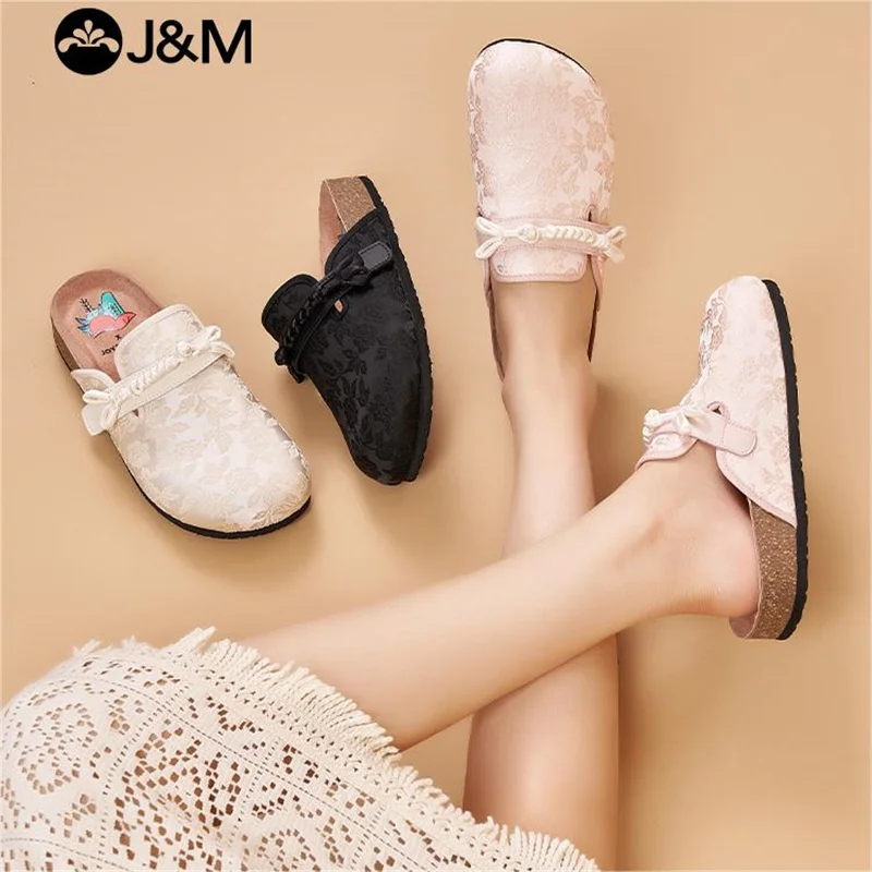 J&M Fashion Women Slides Mules Silk Flower Slippers Clogs Cork Insole Sandals with Arch Support Outdoor Beach Slides Home Shoes