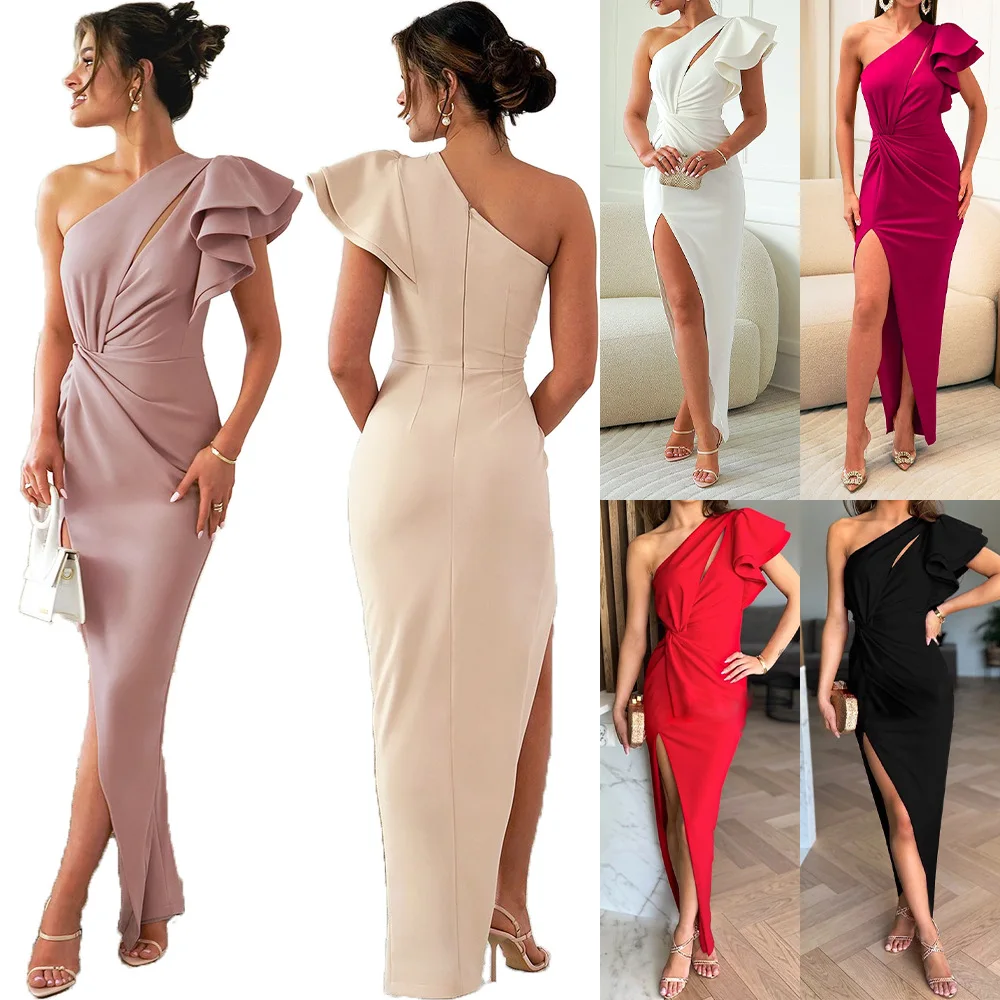 

2025 Slanted Shoulder Hollow Lotus Leaf Sleeve Solid Color Split Dress Dress European and American Women's Clothing