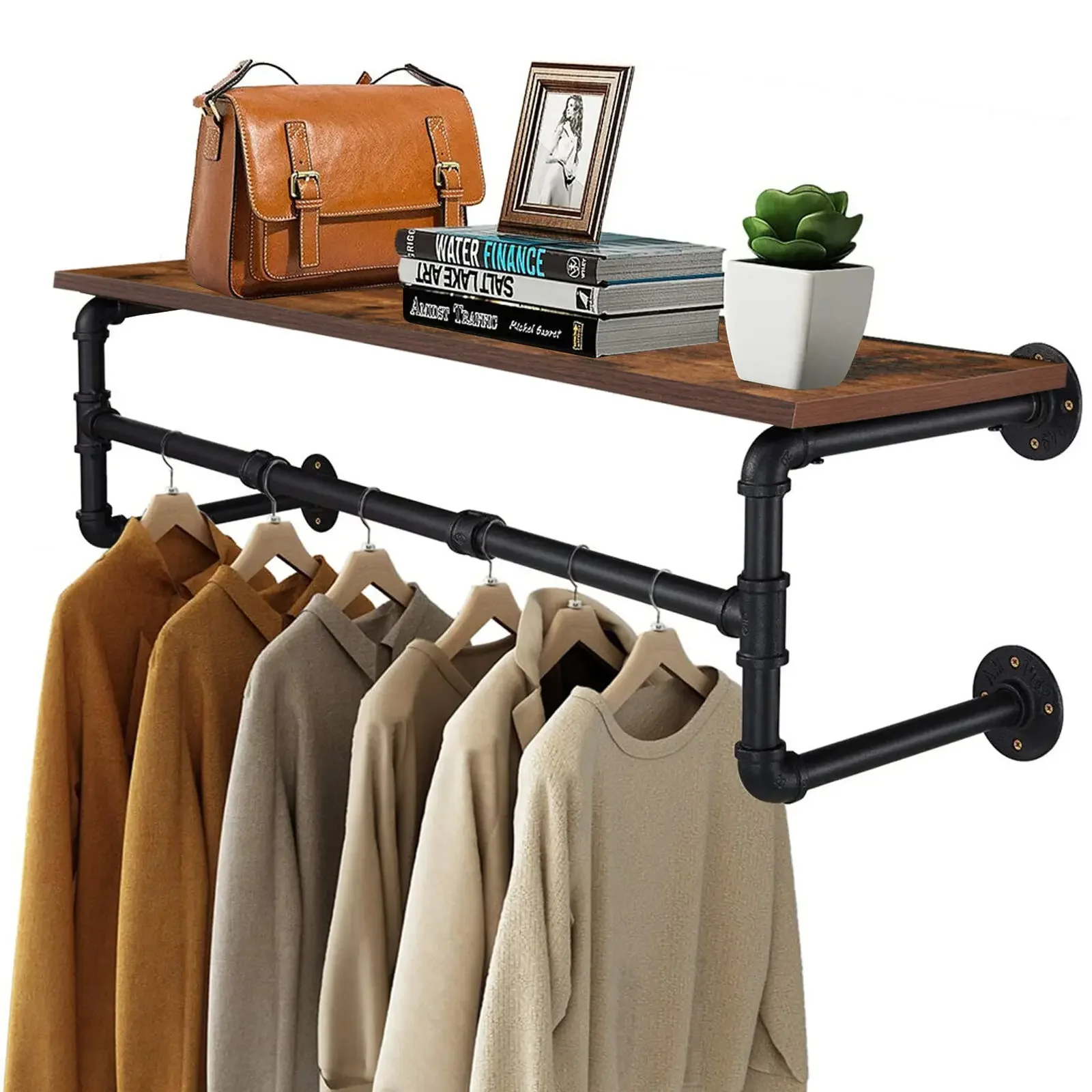 

Industrial Pipe Clothing Rack Wall Mounted Wood Shelf Pipe Shelving Floating Shelves Retail Garment Display Racks