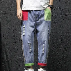 Spring Summer New Fashion Button Zipper Ankle Length Pants Man High Street Casual Loose Cotton Pocket Hole Patchwork Trousers
