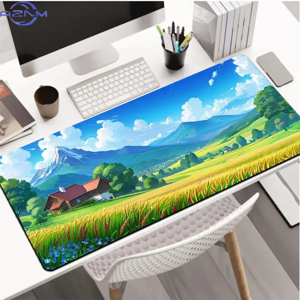 1pc Anime Countryside Mountain Landscape Large Desk Mat, Green Field Cabin Gaming Mouse Pad Non-Slip Rubber Base