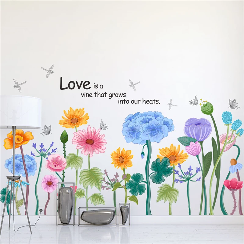 Fantastic Flowers Butterfly Wall Stickers For Shop Office Home Baseboard Decoration Plants Mural Art Pvc Decals Pastoral Posters