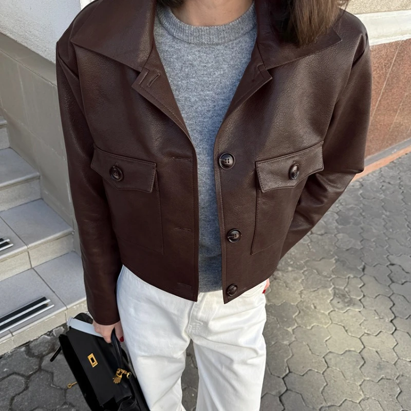 TARUXY Fashion PU Leather Jacket Women's Lapel Pockets Single-Breasted Stitching Coat Autumn Motorcycle Style Commuter Clothing