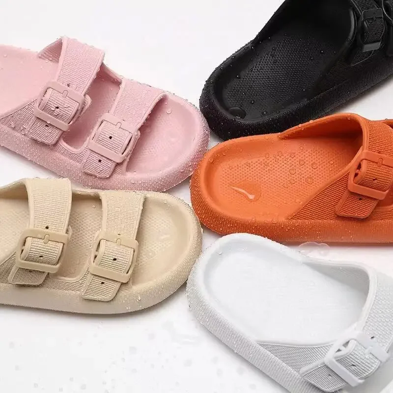 Sandals for Women and Men - Pillow Slippers - Double Buckle Adjustable Slides - PVC Flat Sandals Indoor Outdoor Wear