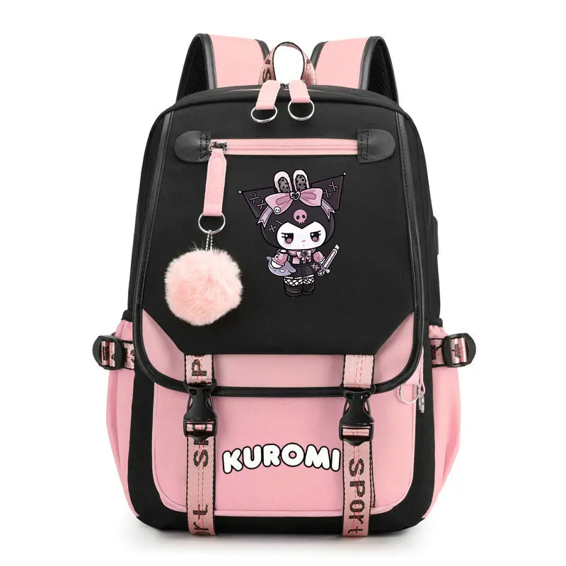 Piękne plecaki Kuromi USB Patchwork lekki laptop nastolatki torby szkolne kobiety dziewczęta pojemność Cartoon Travel Mochilas