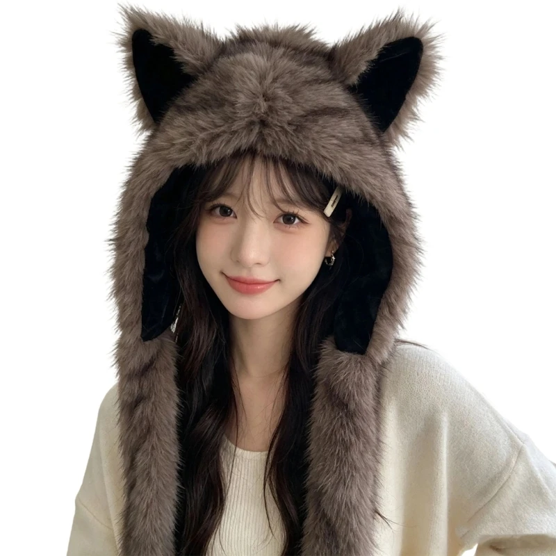 Faux Furs Look Earflap Hat Long Flaps Pullover Hat for Everyday Outfit Styling