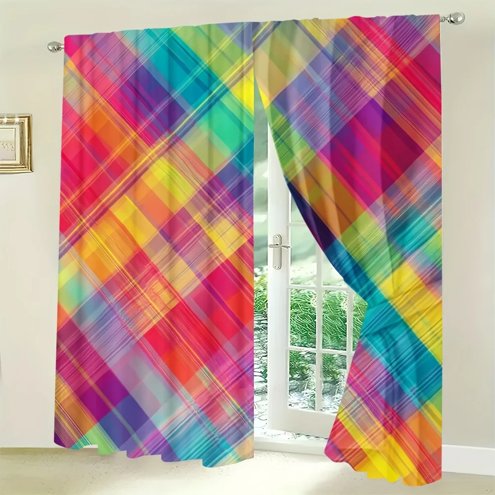 2pcs Whimsical Arts-Themed Semi-Sheer Curtains, 100% Polyester, Rod Pocket Design, Machine Washable, Light-Blocking & Privacy, f