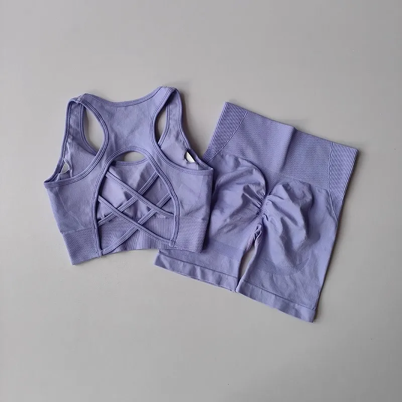 Yoga-Trainingsset für Damen, kombiniert mit gerafftem Rücken und hochtaillierten, hüftformenden Sportshorts – Detail 9