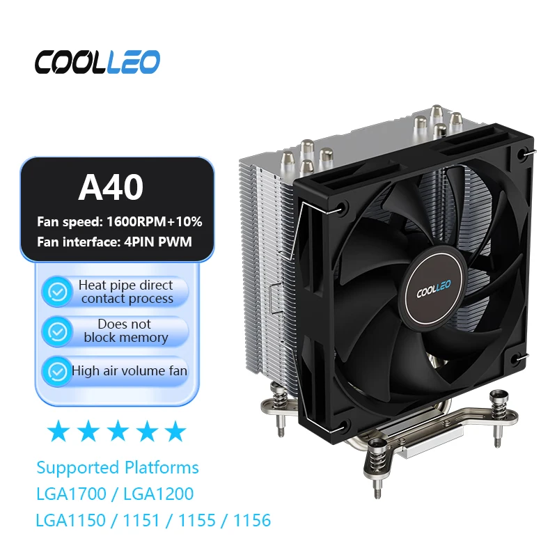 COOLLEO A40 CPU Cooler 4 Heat Pipes 148mm Height Air Cooling Radiator For LGA1700 LGA1200 LGA1150 1151 1155 1156