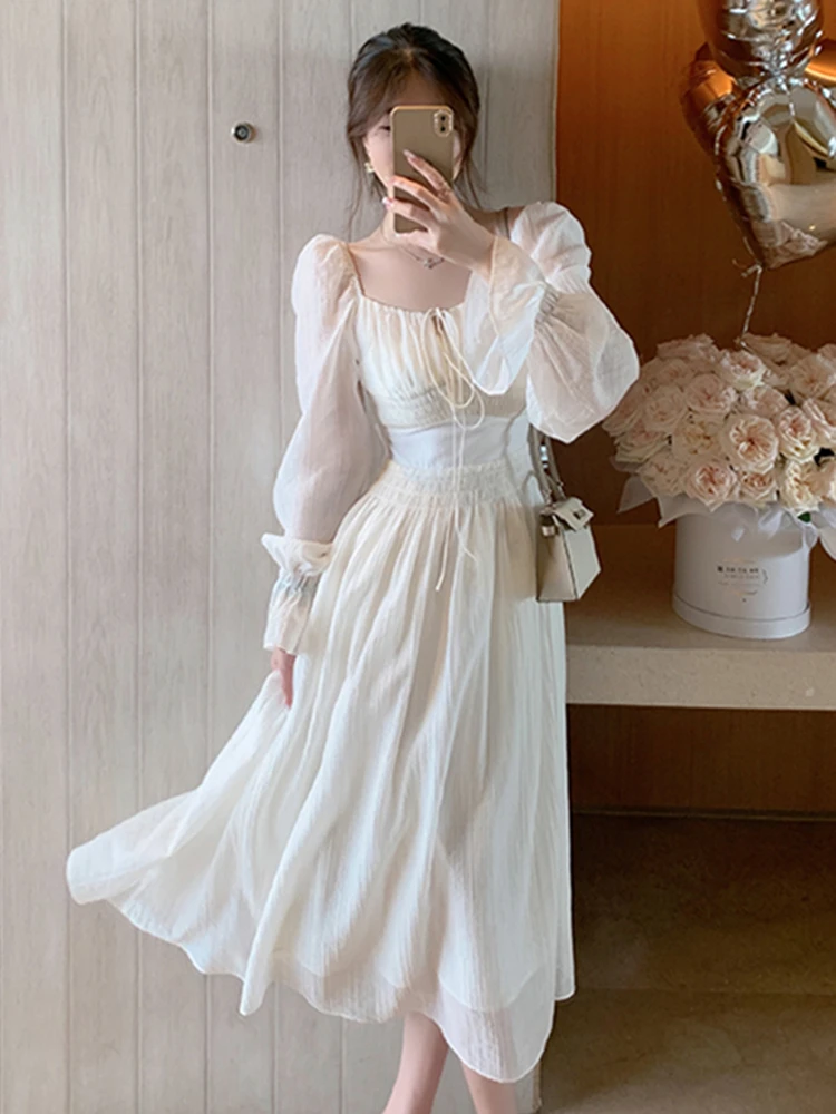 Women Elegant White Midi Dresses Summer Autumn New Backless Holiday Party Prom Long Sleeve Vestidos Korean Female Robe