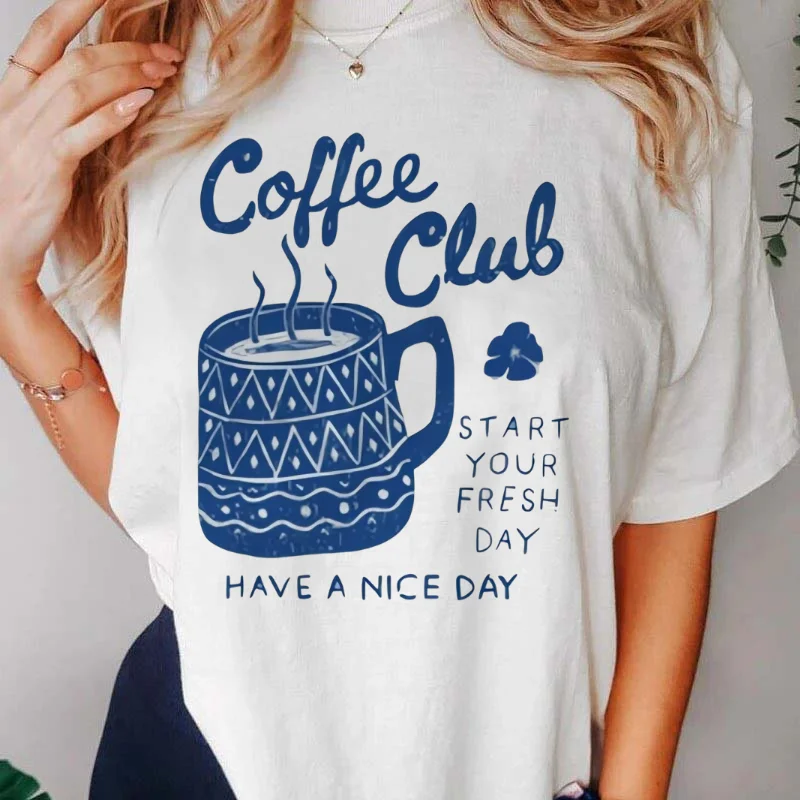 

T-Shirt Casual Style Women's Printed Coffee Club Pattern Women's O-Neck Versatile Short Sleeved Top Cartoon Style Clothing T-Shi